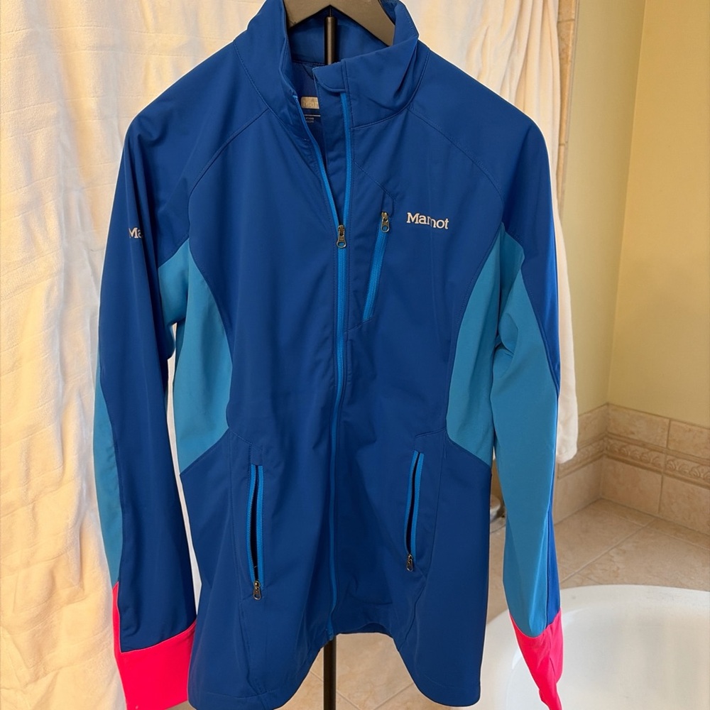 Marmot Royal Blue Softshell Jacket with Teal Panels and Pink Cuffs